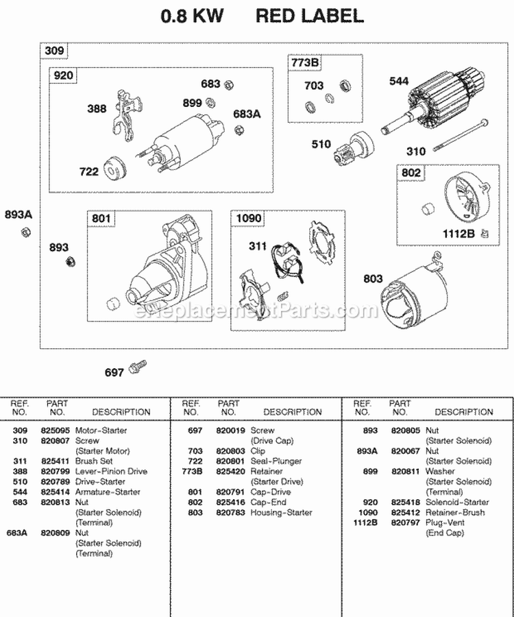 Starter Motor 08Kw Diagram and Parts List for 433447-0215-E2  Briggs and Stratton Engine